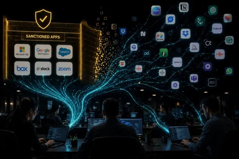 Office scene with a glowing 'Sanctioned Apps' panel showing Microsoft 365, Google Workspace, Salesforce, Box, Slack, and Zoom; blue data streams connect to many app icons.