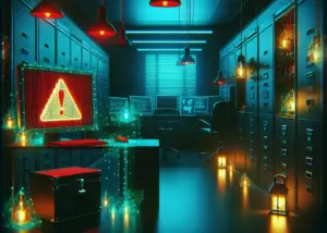 Cyberpunk server room with blue neon lighting, rows of racks, and monitors in the back; a red warning screen with a triangle sits on a desk in the foreground.