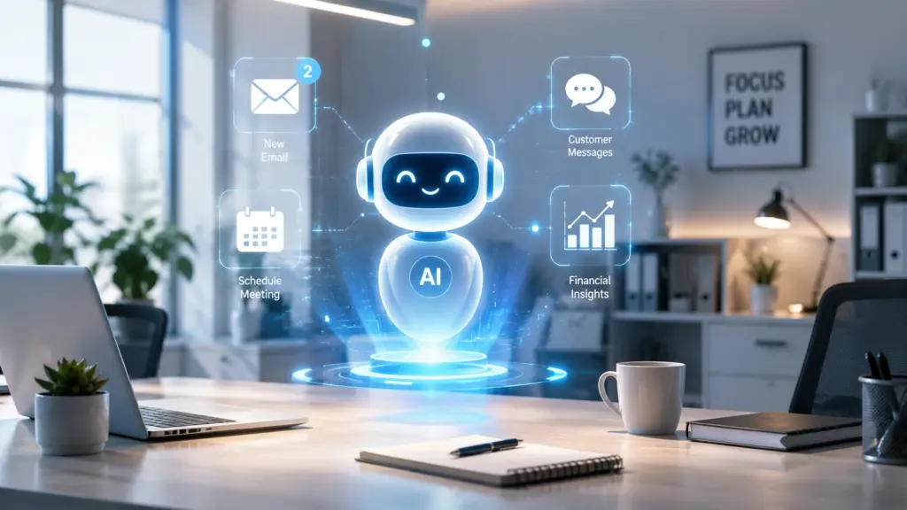 Holographic AI assistant hovering over a desk in a modern office, with icons for New Email, Schedule Meeting, Customer Messages, and Financial Insights.